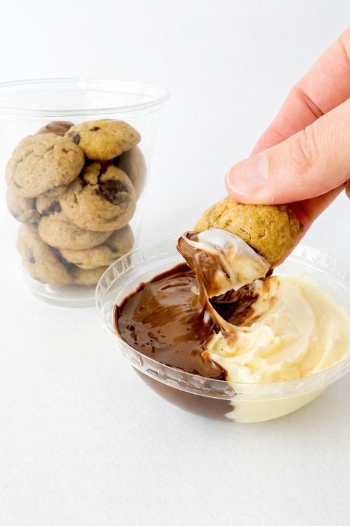 Copo da felicidade com mini cookies e potinho de chocolate para mergulhar